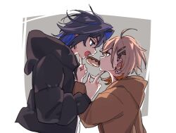2girls ahoge anco_(platanity) berry black_jacket blue_eyes blue_hair blue_nails brown_eyes brown_hair brown_hoodie colored_inner_hair donut donut_hole_(vocaloid) down_jacket earrings fang fingernails food food-themed_earrings food_in_mouth grey_background hair_intakes hair_ornament hairclip hand_on_another&#039;s_chin highres hololive hololive_english hood hoodie imminent_pocky_kiss jacket jewelry middle_finger multicolored_hair multiple_girls nanashi_mumei official_alternate_costume ouro_kronii pocky pocky_kiss shared_food short_hair virtual_youtuber yuri