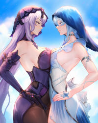 Rule 34 | 2girls, bare shoulders, black swan (honkai: star rail), blue hair, blue sky, breast press, breasts, cleavage, cloud, colored eyelashes, commentary, crossover, day, dress, elbow gloves, face-to-face, from side, gloves, grin, hand on own hip, highres, honkai: star rail, honkai (series), large breasts, long hair, looking at another, mcdobo, multiple girls, nail polish, outdoors, outfit connection, pantyhose, parted lips, purple dress, purple hair, sky, smile, symmetrical docking, shorekeeper (wuthering waves), veil, very long hair, wuthering waves, yuri