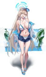 1girl alternate_costume asuna_(blue_archive) bare_shoulders bikini blonde_hair blue_archive blue_eyes blue_halo blush breasts denim denim_shorts full_body halo hidis0086 highres jacket jacket_partially_removed large_breasts long_hair looking_at_viewer navel open_fly open_mouth ponytail sandals short_shorts shorts smile solo stomach swimsuit thighs very_long_hair visor_cap white_bikini white_jacket