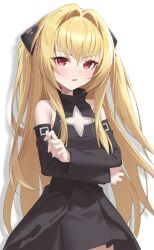 1girl above_cleavage_cutout absurdres black_dress black_sleeves blonde_hair blush breasts clothing_cutout commentary cowboy_shot detached_sleeves dress hair_between_eyes hair_intakes highres jei_(user_tckk7448) konjiki_no_yami long_hair long_sleeves looking_at_viewer parted_lips red_eyes simple_background sleeveless sleeveless_dress small_breasts solo star_cutout to_love-ru very_long_hair white_background