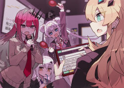 4girls absurdres baobhan_sith_(fate) barghest_(fate) blonde_hair blue_eyes blush breasts britomart_(fate) brown_eyes double_bun earrings fate/grand_order fate_(series) forked_eyebrows green_eyes grey_eyes grey_hair hair_bun hairband highres horns instrument jewelry karaoke katsu_(katsupainter) large_breasts long_hair maracas melusine_(fate) microphone multiple_girls pink_hair pointy_ears sidelocks small_breasts tiara twintails very_long_hair white_hair