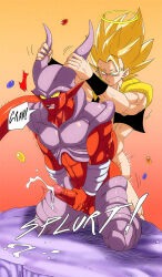 2boys anal ass blonde_hair cum dragon_ball erection gogeta halo handjob horns janemba majinbuusama male_focus motion_lines multiple_boys muscular muscular_male open_mouth orgasm penis sex sex_from_behind super_saiyan uncensored yaoi