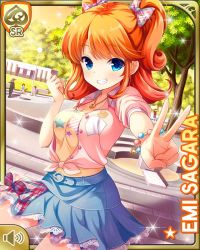 1girl blouse blue_eyes blue_skirt bow breasts character_name closed_mouth day girlfriend_(kari) glowstick grin hair_bow jewelry looking_at_viewer medium_hair multicolored_bow necklace official_art orange_hair orange_shirt outdoors park pink_bow pink_shirt plaid_bow qp:flapper sagara_emi shirt skirt smile solo tagme teeth tied_shirt tree two_side_up v white_legwear