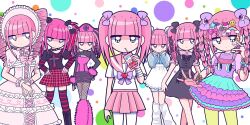 1girl alternate_costume apron bandaged_arm bandages black_bow black_dress black_eyes blue_track_suit blunt_bangs bonnet boots bow box braid bun_cover collar cross cross_print decora dress drill_hair drinking_straw drinking_straw_in_mouth expressionless eye_hair_ornament ezaki_bisuko fishnets fur-trimmed_legwear fur_trim gothic_lolita hair_bow hair_ornament hat hexagram highres holding holding_box jacket jewelry jirai_kei juice juice_box lolita_fashion menhera-chan_(ezaki_bisuko) menhera-chan_(ezaki_bisuko)_(character) multicolored_dress multicolored_hair multiple_views necklace nurse_cap outline pink_bow pink_dress pink_hair pink_sailor_collar pink_skirt plaid_clothes plaid_skirt pleated_skirt print_shirt purple_bow purple_collar purple_hair purple_outline red_hair ring sailor_collar school_uniform serafuku shirt short_twintails skirt skull_hair_ornament socks spiked_collar spikes star_of_david streaked_hair striped_clothes striped_sleeves striped_socks tenshi_kaiwai thighhighs track_jacket track_suit twin_drills twintails variations white_serafuku white_thighhighs wrist_cuffs x_hair_ornament yume_kawaii