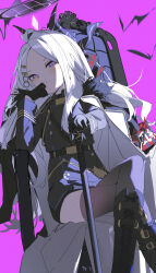1girl absurdres ahoge armband black_coat black_gloves black_halo black_thighhighs blue_archive coat coat_on_shoulders demon_girl demon_horns demon_wings gloves hair_ornament hairclip halo highres hina_(blue_archive) horns long_hair looking_at_viewer purple_background purple_eyes qtian red_armband simple_background sitting skirt thighhighs thighs white_hair wings