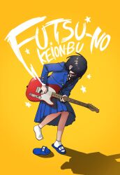 1girl absurdres blazer blue_jacket blue_sandals blue_skirt collared_shirt copyright_name derivative_work dress_shirt electric_guitar fender_telecaster full_body futsuu_no_keion-bu guitar guitar_strap hatono_chihiro head_down highres instrument jacket leaning_forward long_sleeves name_tag neck_ribbon parody playing_guitar pleated_skirt poster_parody red_ribbon ribbon sandals school_uniform scott_pilgrim_(series) scott_pilgrim_vs_the_world_(movie) shirt skirt slides socks solo standing standing_on_one_leg trait_connection tsumitobat79121 white_shirt white_socks yellow_background