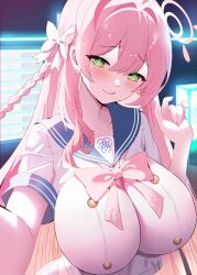 1girl absurdres ahoge aya-cis blue_archive blue_sailor_collar blush bow bowtie braid breasts closed_mouth collarbone commentary green_eyes hair_between_eyes hair_bow halo hanako_(blue_archive) highres huge_breasts licking_lips long_hair looking_at_viewer neon_lights pink_bow pink_bowtie pink_hair pink_halo pink_lips sailor_collar school_uniform serafuku short_sleeves skirt smile solo tongue tongue_out white_bow white_serafuku white_skirt