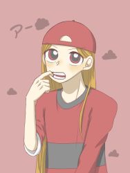 1boy backwards_hat baseball_cap brick_(ppg) finger_in_own_mouth hat long_hair long_sleeves looking_at_viewer male_focus open_mouth orange_hair powerpuff_girls red_background red_eyes red_hair red_hat red_shirt rowdyruff_boys shirt solo striped_clothes striped_shirt teeth tongue