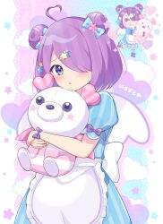 1girl absurdres applique2828 apron blue_bow blue_dress bow commentary_request double_bun dress hair_bow hair_bun hair_ornament hair_over_one_eye highres holding holding_stuffed_toy irasutoya irasutoya_challenge looking_at_viewer pastel_colors purple_eyes purple_hair reference_inset short_hair short_sleeves solo star_(symbol) star_hair_ornament stuffed_animal stuffed_toy teddy_bear upper_body white_apron white_wings wings wrist_bow yume_kawaii yumekawa_joshi_(irasutoya)