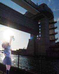 1girl arm_up bottle breasts bridge cloud cloudy_sky door facing_viewer from_behind from_side grey_hair highres holding holding_bottle kanduki_kamibukuro love_live! love_live!_sunshine!! neckerchief numazu ocean photo_background pleated_skirt radio_antenna railing real_life red_neckerchief sailor_collar school_uniform serafuku short_hair skirt sky socks solo stairs standing sun sunset thighs watanabe_you water water_bottle wavy_hair