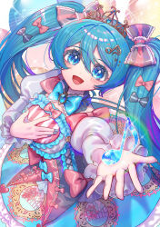 1girl :d alternate_costume aqua_hair balloon black_bow blue_brooch blue_eyes blue_nails blush bow dot_nose dress eyelashes fingernails fortissimo frills hair_between_eyes hair_bow hair_ornament hand_on_own_chest hatsune_miku highres hime_lolita juliet_sleeves kozou_kazaru lolita_fashion long_hair long_sleeves musical_note musical_note_hair_ornament open_mouth pink_bow puffy_sleeves shadow smile solo tiara tongue twintails very_long_hair vocaloid