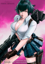 Rule 34 | 1girl, absurdres, artist name, black hair, breasts, brown gloves, cleavage, devil may cry, devil may cry (series), devil may cry 3, gloves, green eyes, heterochromia, highres, holding, holding rocket launcher, holding weapon, kalina ann (weapon), lady (devil may cry), looking at viewer, red eyes, rocket launcher, scar, scar on face, scar on nose, shirt, thigh strap, torfinshpiegel, weapon, white shirt
