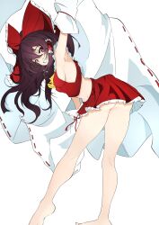 1girl absurdres arm_up armpits ascot bad_feet bare_legs barefoot bow breasts brown_hair detached_sleeves frilled_bow frilled_hair_tubes frilled_skirt frills full_body hair_bow hair_tubes hakurei_reimu highres large_bow long_hair miniskirt open_mouth presenting_armpit red_bow red_eyes red_ribbon red_shirt red_skirt ribbon ribbon-trimmed_sleeves ribbon_trim shirt simple_background skirt sleeveless sleeveless_shirt small_breasts solo teeth thighs touhou unanooo_(fthx7532) white_background yellow_ascot