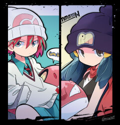 2girls amate_yuzuriha anger_vein ascot beanie black_border black_eyes blue_eyes border closed_mouth dawn_(pokemon) gen_1_pokemon gundam gundam_gquuuuuux hair_between_eyes hands_in_pockets hat headwear_switch highres multiple_girls necktie nintendo pokemon pokemon_(creature) pokemon_dppt rascal_(feuille) red_ascot striped_necktie sweater voltorb white_hat white_sweater