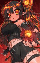 Rule 34 | 1girl, bags under eyes, belt, black belt, black choker, black gloves, black hair, black nails, black shorts, black tube top, blush, breasts, chain, chain earrings, choker, commentary, cowboy shot, demon girl, demon horns, demon tail, double-parted bangs, english commentary, fingerless gloves, fire, fishnet leotard, fishnets, gloves, highres, horns, ketopon, large breasts, leotard, long hair, multicolored hair, open mouth, orange hair, original, pointy ears, pyrokinesis, red background, red hair, red nails, shorts, solo, strapless, tail, tube top, twintails, very long hair
