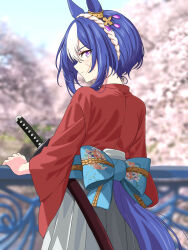 1girl animal_ears blue_hair blurry blurry_background braid cesario_(umamusume) clothing_cutout cosplay crown_braid from_behind grey_hakama hakama highres himura_kenshin himura_kenshin_(cosplay) horse_ears horse_girl horse_tail japanese_clothes katana kimono looking_at_viewer obi photo_background purple_eyes red_kimono rurouni_kenshin sash scar scar_on_face sheath sheathed solo sword tail tail_through_clothes umamusume weapon zenbrush2
