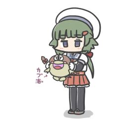 1girl arm_warmers black_pantyhose blue_sailor_collar character_request crossover ferret-san full_body gloves green_hair hat holding kantai_collection layered_sleeves long_hair long_sleeves low_ponytail no_mouth noumi_(kancolle) pantyhose pleated_skirt ponytail red_skirt sailor_collar sailor_hat sailor_shirt school_uniform serafuku shirt short_over_long_sleeves short_sleeves simple_background skirt white_background white_gloves white_hat white_shirt