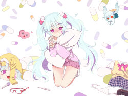 3girls aimaina aqua_hair artist_request blue_hair blush character_request hair_ornament hatsune_miku hatsune_miku_(high_fever) highres long_hair long_sleeves looking_at_viewer multiple_girls pill pink_eyes project_diva_(series) project_diva_x shirt skirt slow_motion_(vocaloid) tattoo twintails very_long_hair