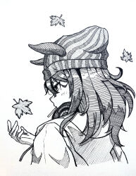 1girl absurdres animal_ears beanie drawstring earphones earphones_around_neck ears_through_headwear greyscale hair_between_eyes hat highres hood hood_down hooded_jacket horse_ears horse_girl jacket leaf long_hair long_sleeves maple_leaf monochrome nakayama_festa_(umamusume) simple_background solo tg880403 umamusume white_background