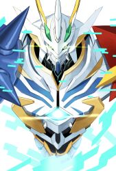 Rule 34 | adapted costume, armor, asymmetrical arms, bakeneko38, digimon, digimon (creature), fins, glowing, glowing eyes, green eyes, head fins, highres, horns, mecha, omegamon, omegamon x-antibody, robot, shoulder armor, simple background, spikes, upper body, white background