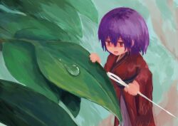 Rule 34 | 1girl, commentary, garakuraku, holding, holding needle, japanese clothes, kimono, leaf, long sleeves, mini person, minigirl, needle, obi, open mouth, purple hair, red eyes, red kimono, sash, smile, solo, sukuna shinmyoumaru, touhou, water drop, wide sleeves