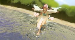 1girl absurdres bare_legs barefoot blurry blurry_background breasts chinese_clothes choker cleavage closed_eyes closed_mouth commentary depth_of_field dragon_horns dynamic_pose earrings english_commentary faux_traditional_media full_body hair_ornament highres horns japanese_clothes jewelry jpeg_artifacts jumping kimono long_hair nature necklace obi original outstretched_arms painterly petals pink_hair pointy_ears reflection ripples sash solo spread_arms standing sunlight takoyoomi very_long_hair wading warm_colored water wide_sleeves