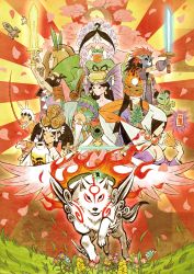 6+boys 6+girls absurdres amaterasu_(ookami) beard breasts capcom card_(medium) cherry_blossoms cleavage dog everyone facial_hair flower glowing glowing_sword glowing_weapon grass helmet highres himiko_(ookami) huge_filesize issun japanese_clothes kaguya_(ookami) kimono kushi lika looking_at_viewer markings mask mr_orange multiple_boys multiple_girls official_art okikurumi_(ookami) ookami_(game) otohime petals plant rao running sakuya_(ookami) sun susanoo_(ookami) sword tarot tarot_(medium) tree tsuzurao ushiwakamaru_(ookami) weapon wolf
