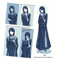 absurdres barefoot black_hair braid dot_7333 elden_ring highres jewelry looking_at_viewer necklace open_mouth robe signing smile sorceress_sellen wrappings
