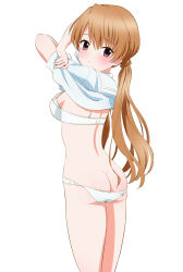1girl aqua_shirt arms_up ass blush bra breasts brown_hair closed_mouth clothes_lift commentary_request cowboy_shot dot_mouth dot_nose expressionless from_behind hair_between_eyes highres komatsu_(sakanae) lifting_own_clothes long_bangs long_hair looking_at_viewer looking_back median_furrow medium_breasts no_pants panties panty_pull ponytail purple_eyes sakuya_(sister_princess) shirt shirt_lift simple_background sister_princess solo standing turning_head underwear undressing very_long_hair white_background white_bra white_panties