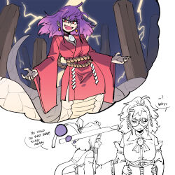 2girls bespectacled breasts commentary english_commentary english_text fangs glasses highres japanese_clothes kaibootsu kimono lamia large_breasts lightning long_sleeves looking_at_another looking_to_the_side medium_hair monster_girl monsterification moriya_suwako multiple_girls onbashira open_mouth purple_hair red_eyes red_kimono rope shimenawa short_hair smile touhou upper_body wide_sleeves yasaka_kanako