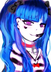 1girl absurdres amemiya_darumi black_bow blue_hair bow collar ear_piercing earrings eyelashes female_focus hair_bow heart highres jewelry long_hair looking_at_viewer makeup piercing pink_eyes red_bow simple_background sketch solo solo_focus the_hundred_line_-last_defense_academy- twintails upper_body white_background