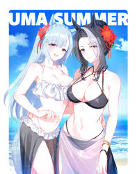 2girls animal_ears arm_at_side bare_shoulders bikini black_bikini black_hair blue_hair bracelet braid breasts cleavage closed_mouth cloud commentary cowboy_shot crown_braid day english_commentary flower hair_bun hair_flower hair_ornament halterneck hand_on_another&#039;s_waist horse_ears horse_girl horse_tail jewelry large_breasts long_hair looking_at_viewer mejiro_ardan_(umamusume) mejiro_ramonu_(umamusume) multicolored_hair multiple_girls navel o-ring o-ring_bikini ocean open_mouth outdoors purple_eyes romi_(346_ura) sarong short_hair smile standing streaked_hair string_bikini swimsuit tail umamusume watermark white_bikini