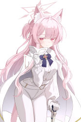 1girl absurdres akira_(blue_archive) animal_ear_fluff animal_ears bent_over blue_archive blue_bow blue_bowtie blush bow bowtie cane cat_ears cat_girl cat_tail closed_mouth hair_between_eyes highres holding holding_cane holding_mask jacket jacket_on_shoulders long_hair looking_at_viewer mask one_side_up pants pink_eyes pink_hair shirt sidelocks smile tail tamaba_33 white_jacket white_pants white_shirt