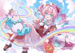 1girl absurdres aqua_bow aqua_bowtie aqua_eyes aqua_hair blue_sky bow bowtie brown_shoes cloud commentary_request dress drill_hair hat highres honkai:_star_rail honkai_(series) hyacine_(honkai:_star_rail) little_ica_(honkai:_star_rail) medium_hair multicolored_hair pantyhose pegasus pink_hair rainbow red_dress red_hat shoes sky smile twin_drills two-tone_hair white_pantyhose yaya_yanagi