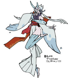 Rule 34 | 1girl, asymmetrical dress, asymmetrical horns, blue bridal gauntlets, blue eyes, blue horns, bridal gauntlets, character name, colored sclera, dress, eye mask, froslass, full body, furisode sleeves, gen 4 pokemon, hand to own mouth, hand up, harurie, horns, humanization, leg up, long sidelocks, long sleeves, mole, mole on hip, mole on thigh, mole under mouth, nintendo, obi, pale skin, pokedex number, pokemon, red sash, sash, short hair with long locks, side slit, sidelocks, solo, stirrup legwear, toeless legwear, very long sidelocks, white hair, white mask, wide sleeves, yellow sclera