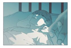 2boys adachi_tooru bed bed_frame border grey_eyes grey_hair hair_over_one_eye holding_hands looking_at_hand lying male_focus multiple_boys narukami_yu on_back one_eye_covered out_of_frame parted_lips persona persona_4 pillow sideburns under_covers upper_body white_border xxts002xv
