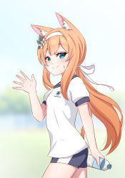 1girl animal_ears blue_archive blue_eyes blurry bottle bow cat_ears cat_girl commentary depth_of_field english_commentary from_side gym_shirt gym_shorts gym_uniform hair_between_eyes hair_bow hair_ornament hair_ribbon highres holding holding_bottle long_hair looking_at_viewer looking_to_the_side low_ponytail mari_(blue_archive) mari_(track)_(blue_archive) official_alternate_costume orange_hair plastic_bottle ponytail ribbon shirt short_shorts short_sleeves shorts sidelocks smile snkagawa solo sweat walking waving