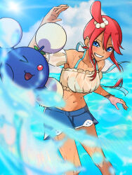 Rule 34 | &gt; o, 1girl, banapi0504, blue eyes, blue shorts, blurry, cloud, collarbone, commentary request, day, eyelashes, gen 2 pokemon, grin, hair between eyes, hair ornament, highres, jumpluff, knees, leaning, navel, nintendo, official alternate costume, one eye closed, one side up, outdoors, pokemon, pokemon (creature), pokemon masters ex, red hair, short shorts, shorts, sidelocks, sky, skyla (pokemon), skyla (summer 2025) (pokemon), smile, teeth, water