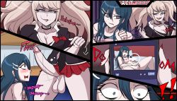 1futa 1girl absurdres bed blackmail blonde_hair blue_hair blush bodyattk breasts closed_eyes danganronpa_(series) english_text enoshima_junko futa_with_female futanari half-closed_eyes heartbeat highres imminent_penetration large_breasts large_penis long_hair maizono_sayaka masturbation medium_breasts multiple_girls nipples nude on_bed open_mouth penis pussy testicles twintails vaginal