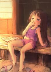 1girl bandaid barefoot bad_tag blush brown_hair camisole child feet guma highres long_hair midriff navel original shorts sitting sketch solo tank_top
