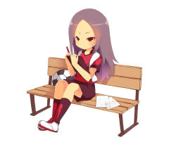 1girl ball bench full_body inazuma_eleven inazuma_eleven_(series) long_hair purple_eyes purple_hair saru sitting soccer_ball soccer_uniform sportswear telstar touchi_ai writing