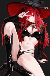 1girl absurdres arm_support arm_up azur_lane bikini black_bikini black_boots black_choker black_hat black_jacket boots breasts choker closed_mouth commentary cosplay criss-cross_halter cropped_jacket crotch_zipper ear_piercing english_commentary expressionless halterneck hat high_heel_boots high_heels highres horns jacket knee_boots knee_up long_hair long_sleeves looking_at_viewer medium_breasts multi-strapped_bikini_bottom nail_polish navel navel_piercing official_alternate_costume open_clothes open_jacket piercing red_eyes red_hair red_nails shiny_footwear sitting skindentation solo spiked_choker spikes stomach string_bikini swimsuit thighs ulrich_von_hutten_(azur_lane) ulrich_von_hutten_(azur_lane)_(cosplay) ulrich_von_hutten_(ignition_matrician)_(azur_lane) v val_(yan_kodiac) wing_collar witch_hat yan_kodiac zipper_pull_tab