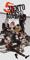 1girl 456123r0gue78 6+boys absurdres aqua_eyes black_hair black_suit blonde_hair blue_eyes bob_cut bruno_bucciarati chain-link_fence dress_shoes fence formal_clothes giorno_giovanna guido_mista highres holes jojo_no_kimyou_na_bouken leone_abbacchio long_hair looking_at_viewer multiple_boys narancia_ghirga pannacotta_fugo pink_hair purple_eyes suit trish_una