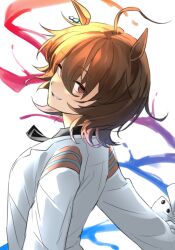 Rule 34 | 1girl, agnes tachyon (umamusume), ahoge, animal ears, black necktie, black shirt, brown hair, buttons, collared shirt, earrings, hair between eyes, hnmrk (myxv5872), horse ears, horse girl, jewelry, lab coat, looking at viewer, looking back, medium hair, messy hair, necktie, parted lips, red eyes, shirt, short necktie, sidelocks, single earring, sleeves past fingers, sleeves past wrists, smile, solo, spill, umamusume, upper body, very long sleeves, white background