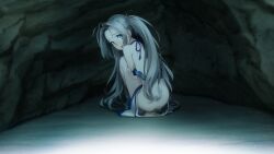 1girl ahoge antenna_hair ass bikini bikini_skirt blue_eyes blue_theme blush cave covering_privates embarrassed from_behind fukuda_tomonori game_cg grey_hair hair_between_eyes highres light_particles long_hair looking_back non-web_source official_art open_mouth robotics;notes robotics;notes_dash sand solo striped_bikini striped_clothes swimsuit tears tongue twintails vertical-striped_bikini vertical-striped_clothes wardrobe_malfunction yukifune_airi