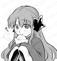 1girl arima_miyako blush bow eating food greyscale hair_bow jacket long_hair melty_blood metarogu monochrome simple_background sleeves_past_fingers sleeves_past_wrists smile solo steamed_bun tsukihime upper_body