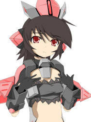 armor black_hair cosmic_break flat_chest headgear palette_swap red_eyes simple_background solo winberrl