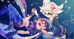 +_+ 2girls ankle_boots artist_logo black_collar black_footwear black_gloves black_hair black_haori black_jacket black_shorts blue_legwear boots brown_eyes callie_(octo_idol_outfit)_(splatoon) callie_(splatoon) chichi_band closed_mouth collar commentary_request cousins crying crying_with_eyes_open earrings fangs food food_on_head gloves gradient_hair green_hair grey_hair grey_kimono haori high_heel_boots high_heels holding_hands inkling jacket japanese_clothes jewelry kimono kneeling logo long_hair marie_(kimono)_(splatoon) marie_(splatoon) mole mole_under_eye multicolored_hair multiple_girls navel nintendo object_on_head open_mouth pantyhose pantyhose_under_shorts pointy_ears print_kimono print_legwear puffy_short_sleeves puffy_sleeves purple_hair short_hair short_sleeves shorts smile spiked_collar spikes splatoon_(series) splatoon_2 stomach sushi tabi tears tentacle_hair very_long_hair white_legwear