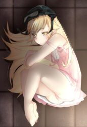 1girl absurdres bare_legs bare_shoulders barefoot blonde_hair closed_mouth dress expressionless eyelashes female_focus fetal_position from_side full_body helmet highres loli long_hair looking_at_viewer looking_to_the_side lying meemz_a monogatari_(series) on_side oshino_shinobu panties pantyshot pink_dress pink_panties solo strap_slip underwear yellow_eyes