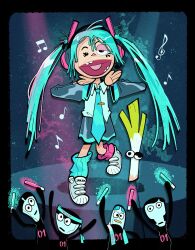 31_minutos absurdres aqua_hair aqua_shirt aqua_socks asymmetrical_eyes audience loose_socks beamed_eighth_notes bird colored_lights concert crossover detached_sleeves eighth_note glowstick grey_skirt grey_sleeves hands_on_own_chin hatsune_miku headband headphones headset heart heart_print herny highres leg_up long_necktie loose_clothes loose_shirt loose_socks messy_hair mismatched_socks music musical_note parody pigeon pink_socks puppet quarter_note shirt shoes singing skirt sneakers socks spring_onion stage stage_lights style_parody tie_clip tramoyas treble_clef triangle_nose vocaloid white_footwear